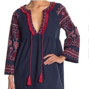 ANTHROPOLOGIE‎ Free the Roses Embroidered Cottagecore Boho Navy Red Dress Size S